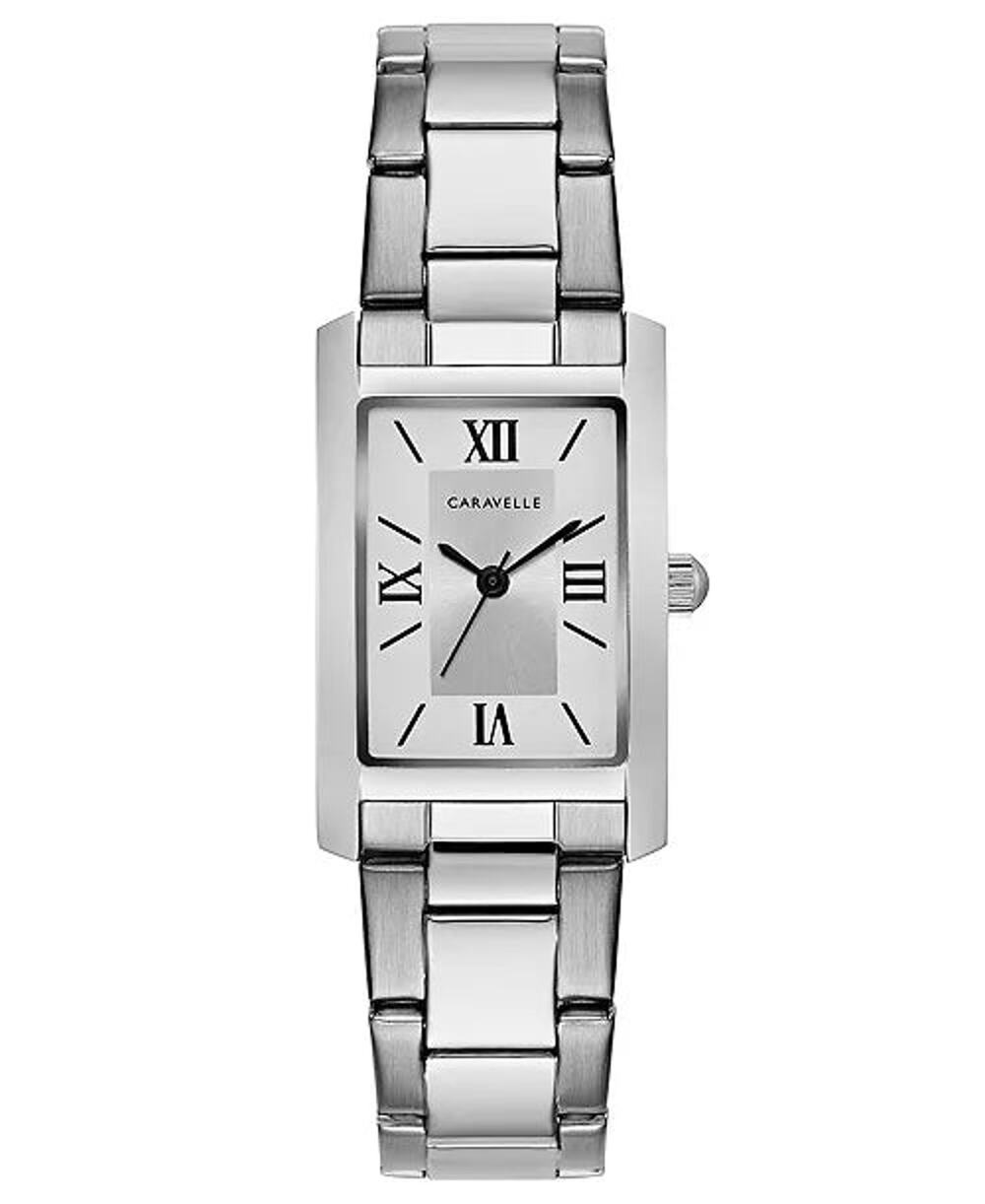 Caravelle Womens Silver Tank Rectangle Watch Roman Numeral Bracelet Silver